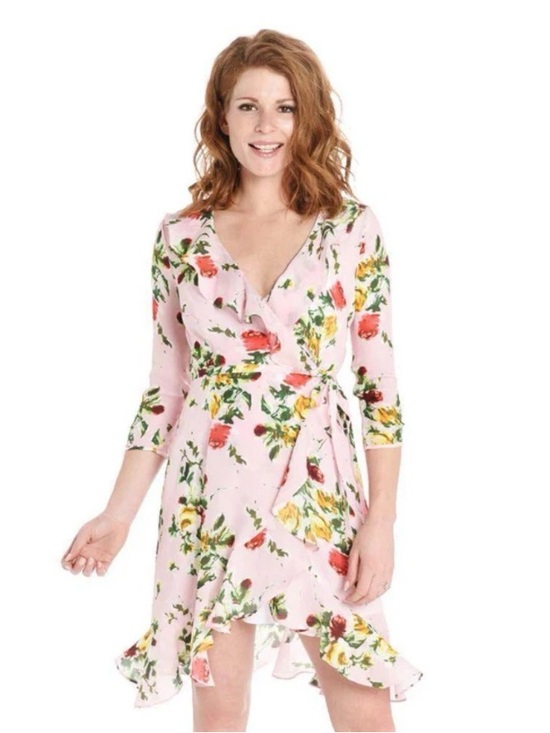 Milly of New York Light Blue Floral Wrap Midi Dress with Yellow & Red Roses - Picture 3 of 15